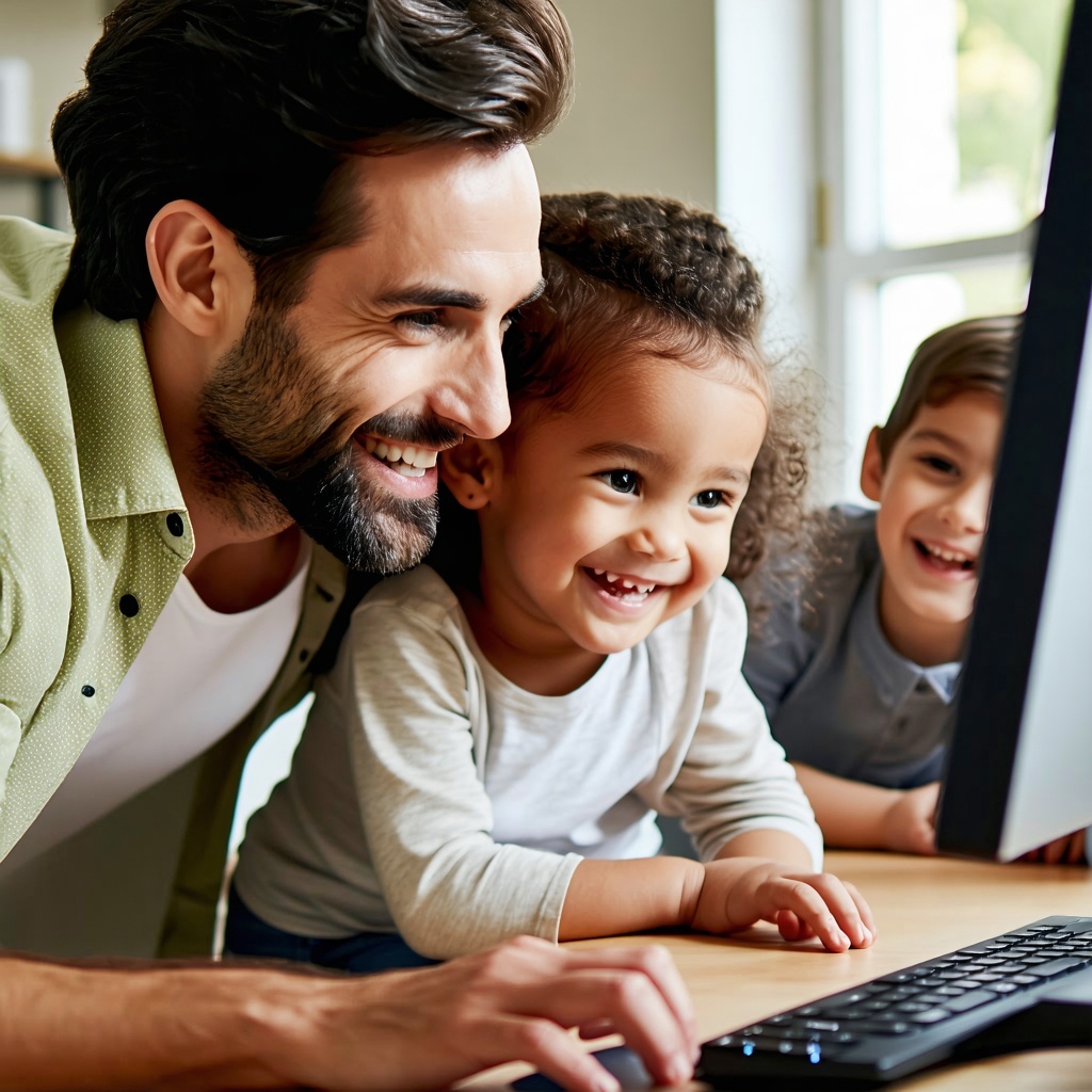 family at a computer smiling
