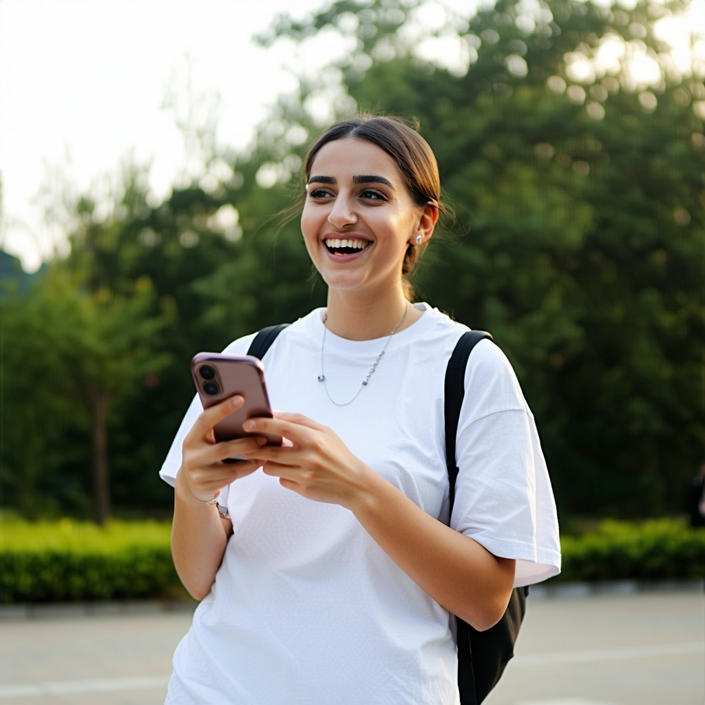 person holding a phone smiling they are walking outdoors-2