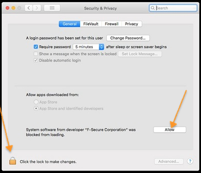 F-Sec DP for Mac Sec and Priv settings to Allow scanning