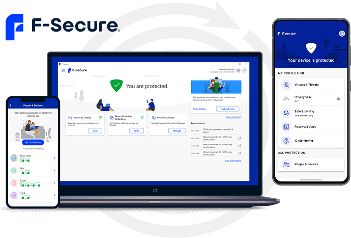 F-Secure interface displayed on a laptop and two mobile devices.