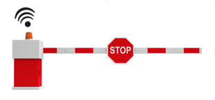 a red and white parking gate with a STOP sign