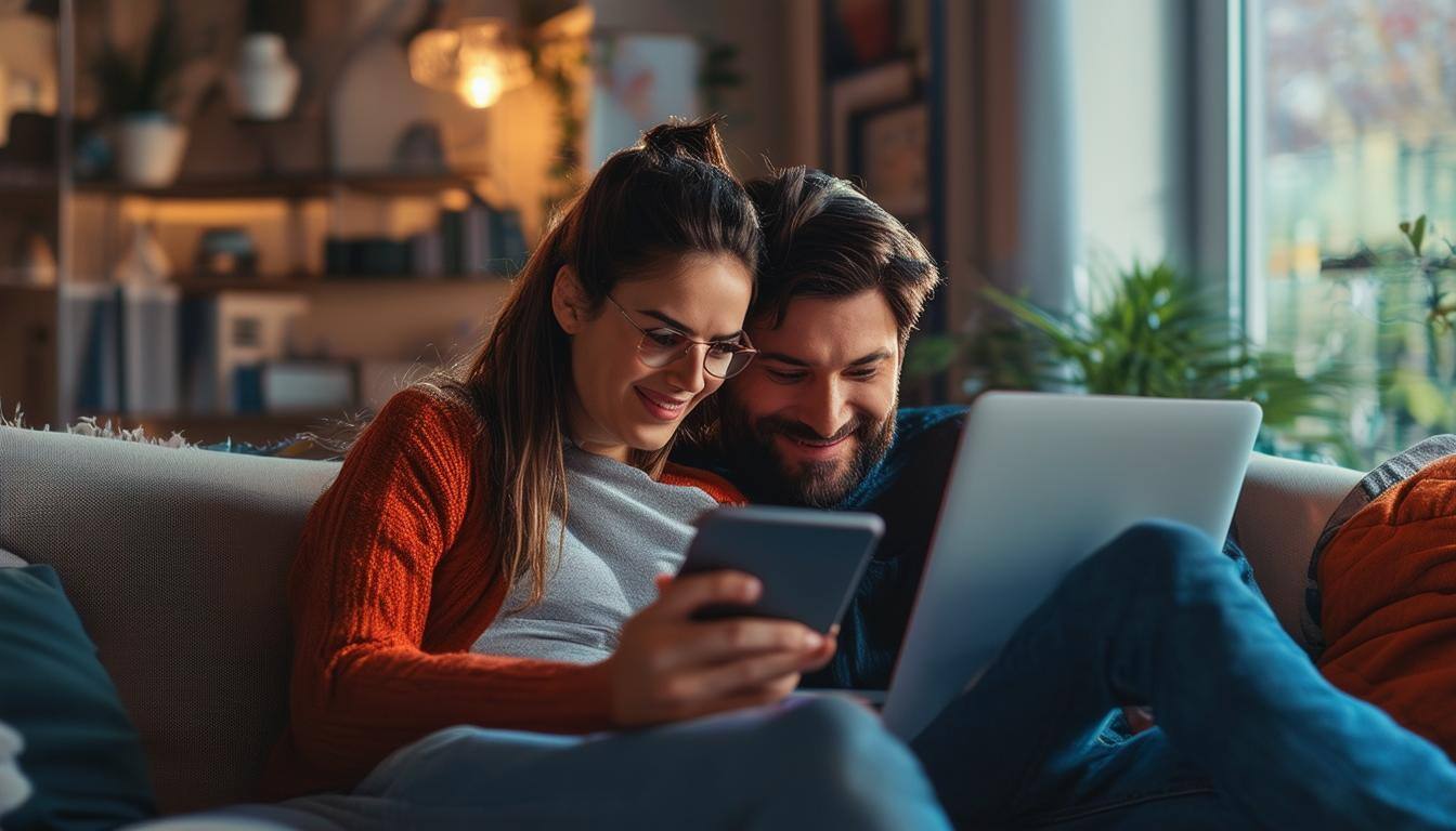 A couple in a domestic setting using devices and enjoying privacy and u with Total Digital Security solutions for protection from hackers Cybersecuri