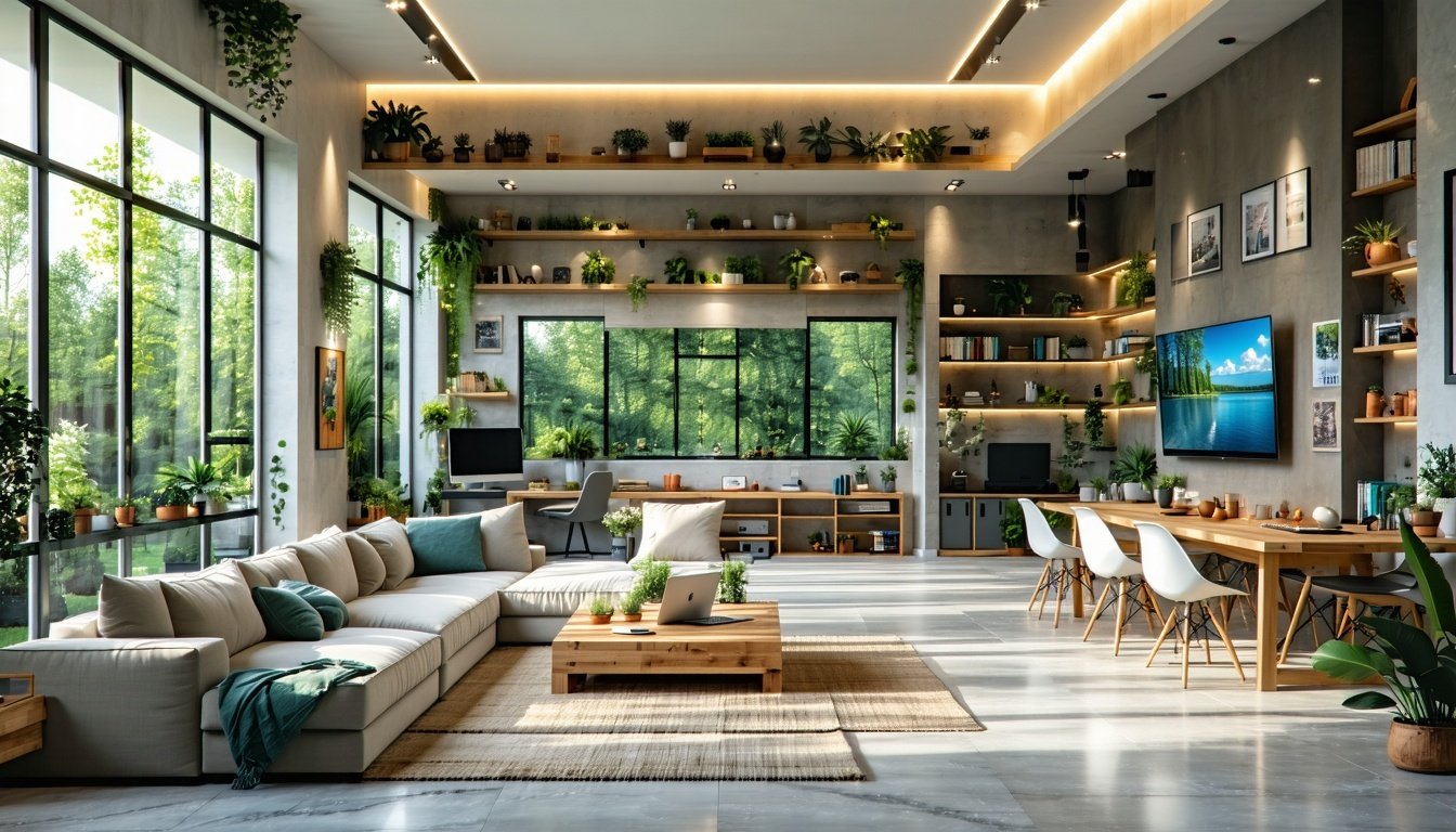 Depict a large living area with sunlight and traditional areas for adults and teens using the internet in various areas of the home
