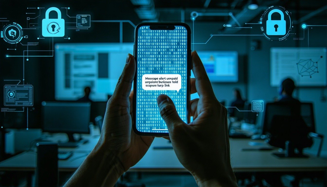 The image depicts a modern smartphone displaying a text message alert The message appears urgent warning about an unpaid toll and includes a suspicious link The background is a blurred office setting with subtle hints of digital security elements lik-1