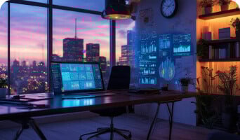 Modern office with a view of a cityscape at dusk, featuring a desk, large monitor with data visuals, and wall projections.
