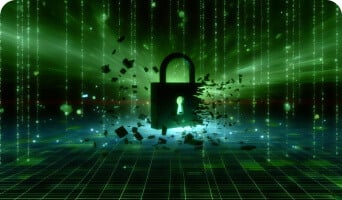 A digital scene with a glowing padlock amidst green binary code.
